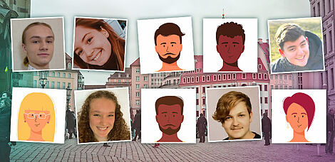 Verlinkte Abbildung zeigt "Collage der befragten Personen". Verlinkung führt zu der Straßenumfrage auf dieser Webseite.